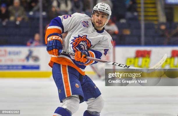 Shane Prince of the Bridgeport Sound Tigers follows thru on a shot during a game against the Lehigh Valley Phantoms at the Webster Bank Arena on...