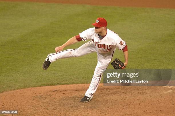 Logan Kensing of the Washington Nationals pitches during a baseball game against the San Diego Padres on July 24, 2009 at Nationals Park in...