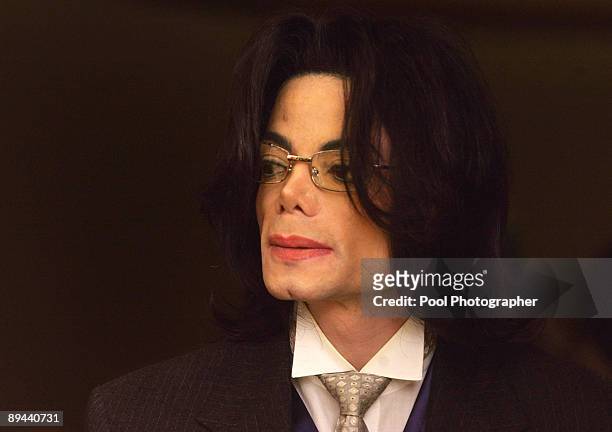 Michael Jackson is shown during a break in testimony in his child molestation trial at the Santa Santa Barbara County Courthouse May 23, 2005 in...