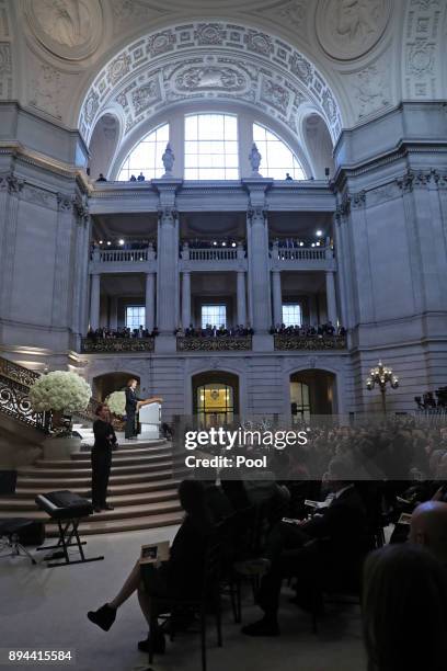 Senator Dianne Feinstein speaks during a service Celebrating the Life of Mayor Edwin M. Lee at San Francisco City Hall in San Francisco, Calif., on...