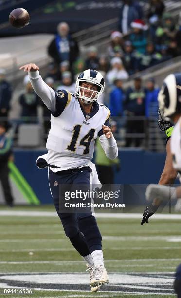 Quarterback Sean Mannion of the Los Angeles Rams passes the ball during the fourth quarter of the game against the Seattle Seahawks at CenturyLink...