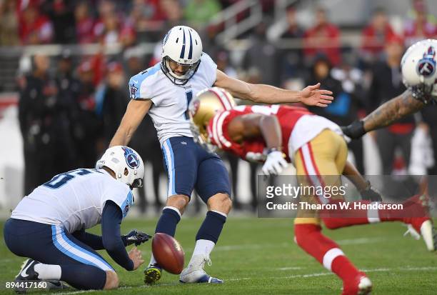 Ryan Succop of the Tennessee Titans kicks a field goal late in the fourth quarter against the San Francisco 49ers during their NFL football game at...