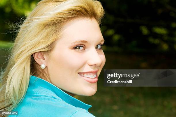 preppy blond - pearl earring stock pictures, royalty-free photos & images