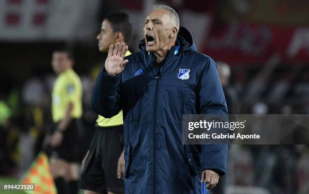 Miguel Angel Russo coach of Millonarios gestures during the second leg match between Millonarios and Santa Fe as part of the Liga Aguila II 2017...