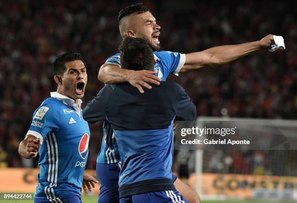 Andres Cadavid of Millonarios celebrates after scoring the first goal of his team during the second leg match between Millonarios and Santa Fe as...