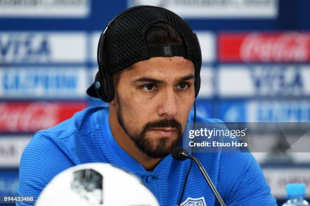 Franco Jara of CF Pachuca attends a press conference ahead of the FIFA Club World Cup UAE 2017 third place match between Al Jazira and CF Pachuca at...