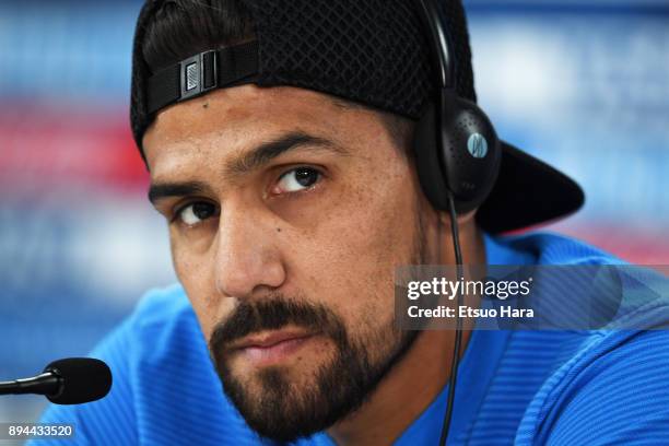 Franco Jara of CF Pachuca attends a press conference ahead of the FIFA Club World Cup UAE 2017 third place match between Al Jazira and CF Pachuca at...