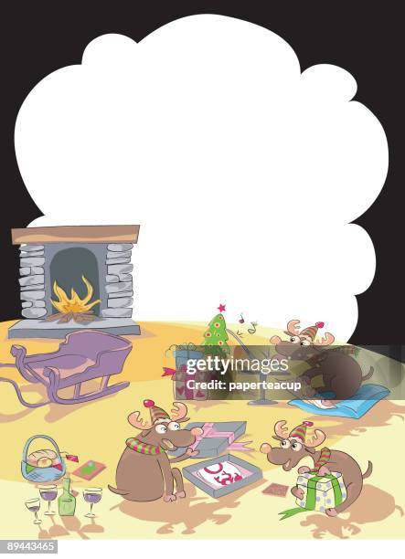 chatting reindeer - opening wine bottle stock illustrations