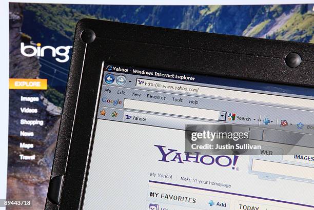 The websites of Bing and Yahoo are displayed on computer monitors July 29, 2009 in San Anselmo, California. Microsoft and Yahoo have announced a...