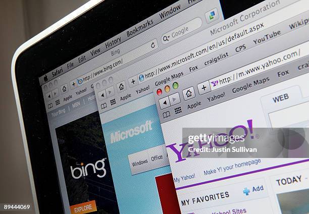 The websites of Bing, Microsoft and Yahoo are displayed on a computer monitor July 29, 2009 in San Anselmo, California. Microsoft and Yahoo have...