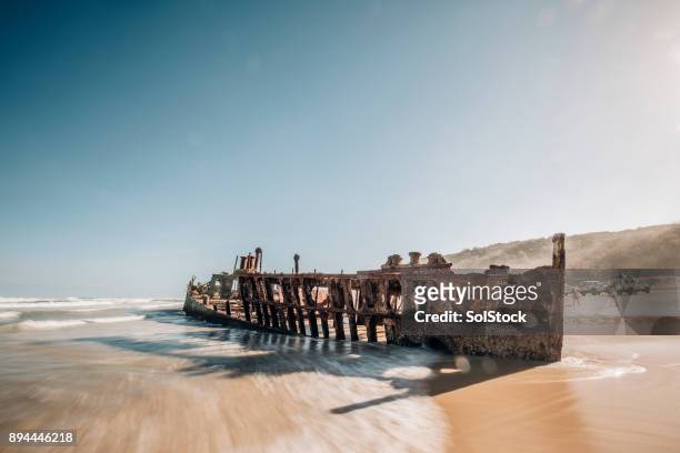 弗雷澤島上生銹的 maheno 沉船 - shipwreck 個照片及圖片檔