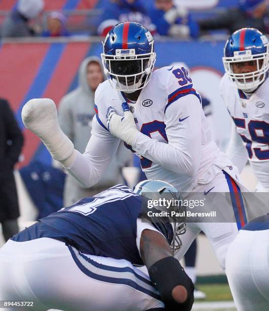 Jason Pierre-Paul of the New York Giants has his right hand in a protective wrap as he lines up in an NFL football game against the Dallas Cowboys on...