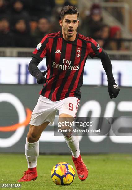 Andre Silva of AC Milan in action during the Tim Cup match between AC Milan and Hellas Verona FC at Stadio Giuseppe Meazza on December 13, 2017 in...