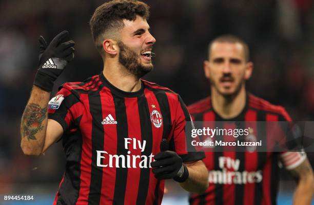 Patrick Cutrone of AC Milan celebrates his goal during the Tim Cup match between AC Milan and Hellas Verona FC at Stadio Giuseppe Meazza on December...