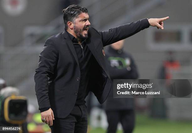 Milan coach Gennaro Gattuso shouts to his players during the Tim Cup match between AC Milan and Hellas Verona FC at Stadio Giuseppe Meazza on...