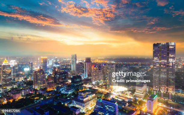 panoramic view cityscape business district from aerial view high building at dusk (bangkok, thailand) - 243 2013 stock pictures, royalty-free photos & images