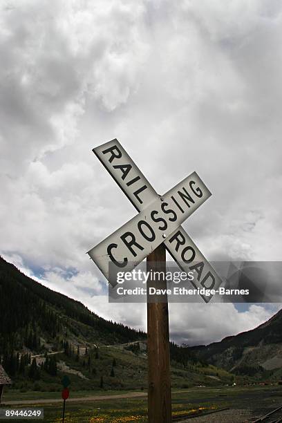 Railroad crossing sign at the Station House at Silverton in the Rocky Mountains on June 07, 2009 in Silverton, Colorado, United States. Silverton is...