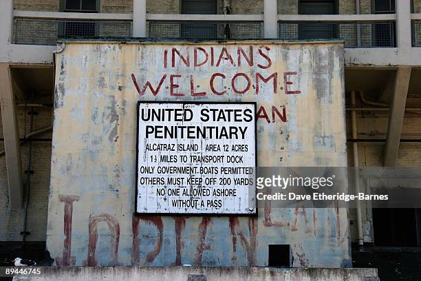 Sign welcomes visitors to Alcatraz Island on June 13, 2009 in San Francisco, United States. Alcatraz was originally built as a Civil War fortress,...