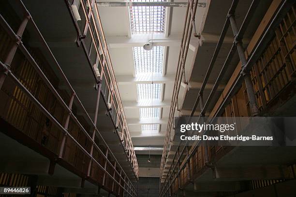 General view of the interior of the main prison block on Alcatraz Island on June 13, 2009 in San Francisco, United States. Alcatraz was originally...