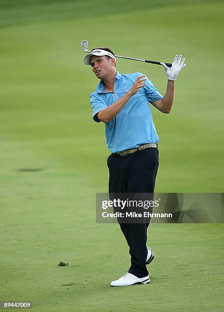 Jeff Overton hits a bad chip on the 12th hole during the third round of the Turning Stone Resort Championship at Atunyote Golf Club, September 22,...