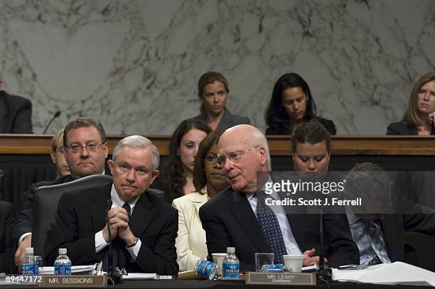 Ranking member Jeff Sessions, R-Ala., and Chairman Patrick J. Leahy, D-Vt., during the Senate Judiciary markup of the nomination of Sonia Sotomayor...