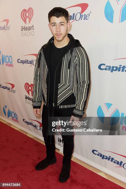 Nick Jonas attends Y100's Jingle Ball 2017 at BB&T Center on December 17, 2017 in Sunrise, Florida.