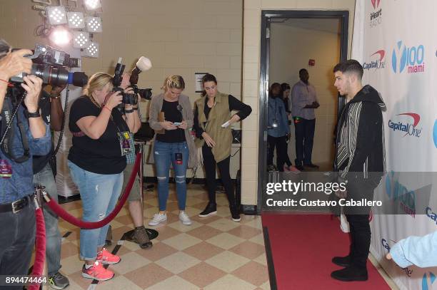 Nick Jonas attends Y100's Jingle Ball 2017 at BB&T Center on December 17, 2017 in Sunrise, Florida.