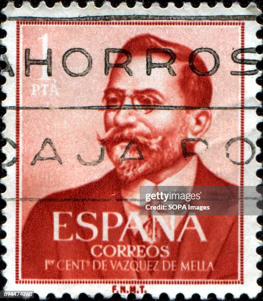 Stamp printed in Spain issued for the birth Centenary of Juan Vazquez de Mella shows politician and writer Vazquez de Mella.