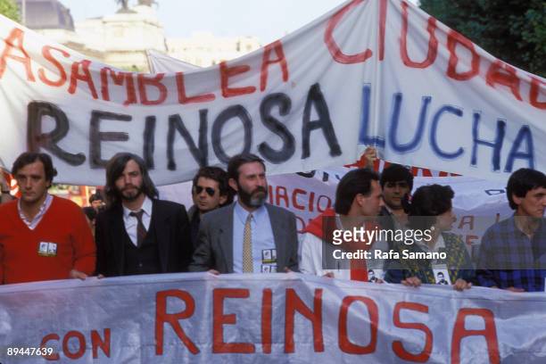 May 22, 1987. Madrid, Spain. Industrial reconversion. Crisis in the Reinosa factories Forjas y Aceros' and 'Cenemesa'. In the image, demonstration in...