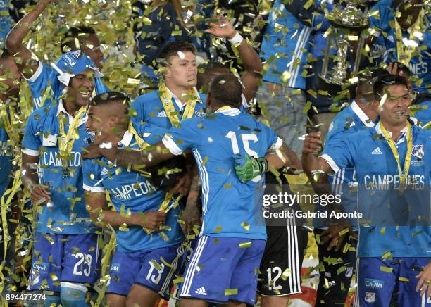 Players of Millonarios a celebrate after winning the second leg match between Millonarios and Santa Fe as part of the Liga Aguila II 2017 Final at...
