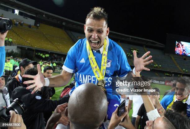 Juan Guillermo Dominguez of Millonarios celebrates after winning the second leg match between Millonarios and Santa Fe as part of the Liga Aguila II...
