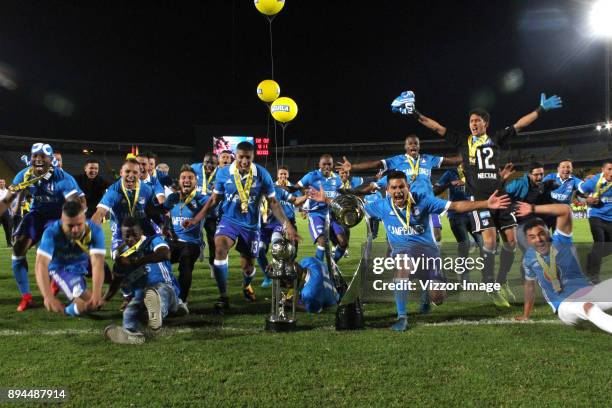 Players of Millonarios celebrate with the trophy after winning the second leg match between Millonarios and Santa Fe as part of the Liga Aguila II...