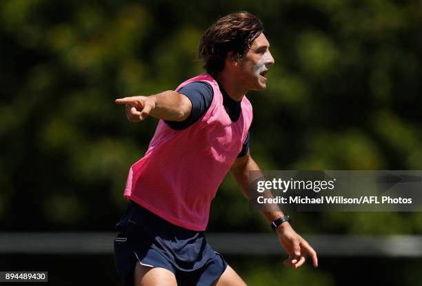 Caleb Marchbank of the Blues in action during the Carlton Blues AFL pre-season training session at Maroochydore Multisport Complex on December 17,...