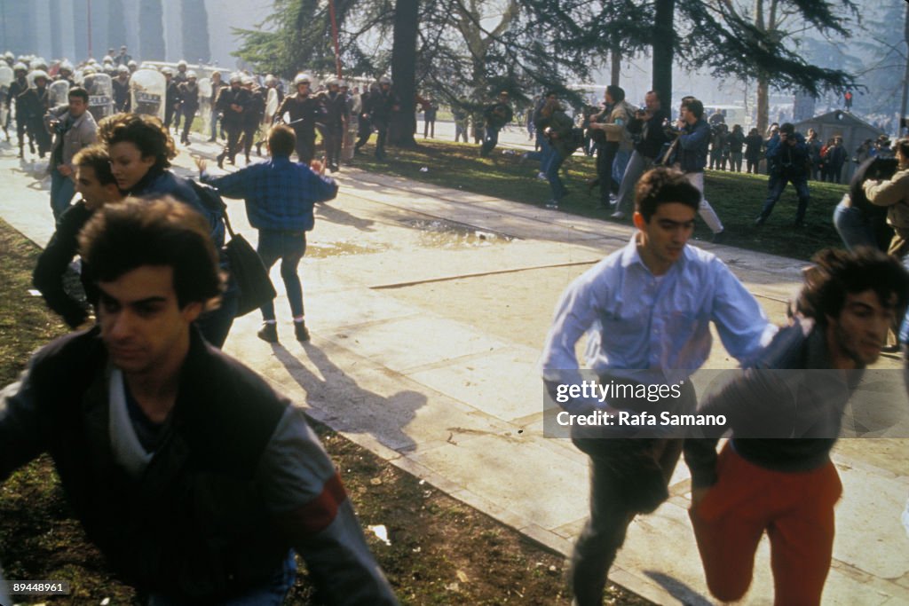 January 1987. Madrid, Spain. Demonstration of students against the Selectividad (the popular name given to the Spanish University Access Tests) and the rise of university taxes.