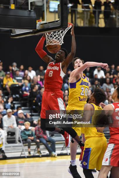 Shaquille Thomas of the Memphis Hustle dunks the ball against South Bay Lakers during an NBA G-League game on December 17, 2017 at UCLA Heath...