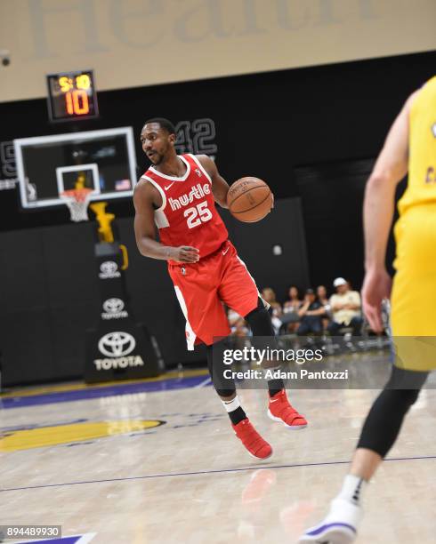 Marquis Teague of the Memphis Hustle handles the ball against South Bay Lakers during an NBA G-League game on December 17, 2017 at UCLA Heath...