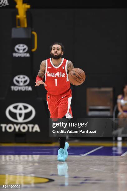 Jordon Crawford of the Memphis Hustle handles the ball against South Bay Lakers during an NBA G-League game on December 17, 2017 at UCLA Heath...