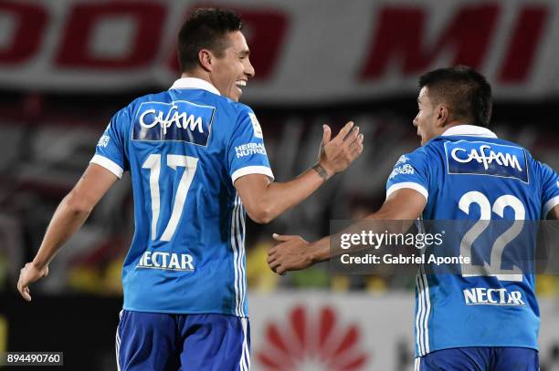 Henry Rojas of Millonarios celebrates with teammate Jhon Duque after scoring the second goal of his team during the second leg match between...