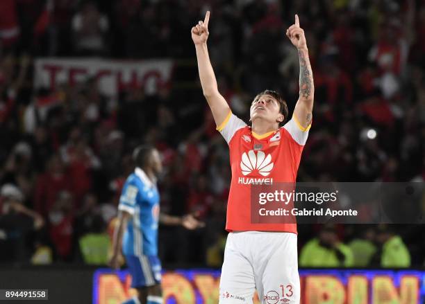 Sebastian Salazar of Santa Fe celebrates after the second goal of his team scored by his teammate Wilson Morelo during the second leg match between...