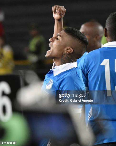 Harold Santiago Mosquera of Millonarios celebrates after winning the second leg match between Millonarios and Santa Fe as part of the Liga Aguila II...