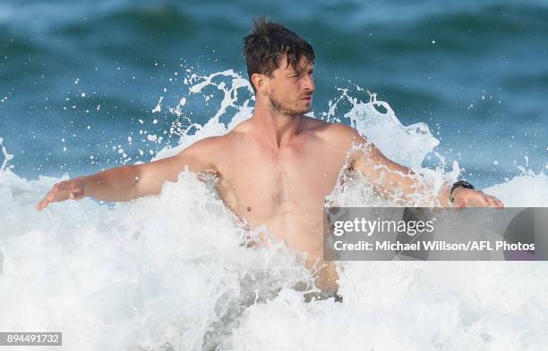 Alex Silvagni of the Blues in action during the Carlton Blues AFL pre-season training session at Mooloolaba Beach on December 17, 2017 on the...