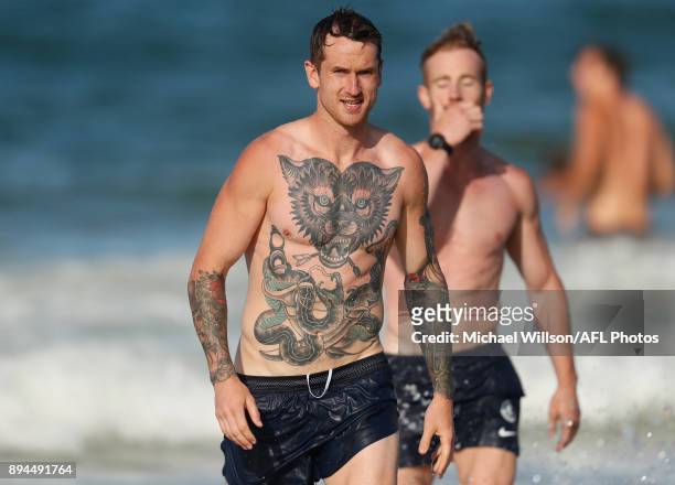 The tattoo of Cameron O'Shea is seen during the Carlton Blues AFL pre-season training session at Mooloolaba Beach on December 17, 2017 on the...