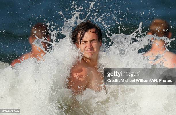 Lochie O'Brien of the Blues in action during the Carlton Blues AFL pre-season training session at Mooloolaba Beach on December 17, 2017 on the...