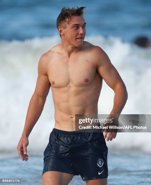 Patrick Cripps of the Blues looks on during the Carlton Blues AFL pre-season training session at Mooloolaba Beach on December 17, 2017 on the...