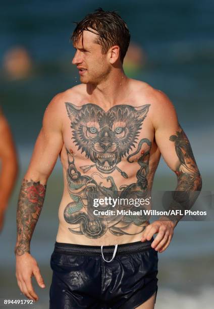 The tattoo of Cameron O'Shea is seen during the Carlton Blues AFL pre-season training session at Mooloolaba Beach on December 17, 2017 on the...