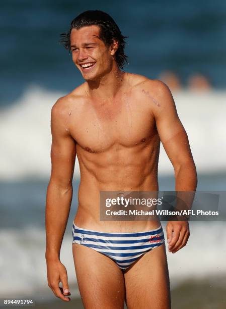 Jack Silvagni of the Blues looks on during the Carlton Blues AFL pre-season training session at Mooloolaba Beach on December 17, 2017 on the Sunshine...