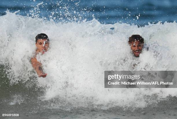 Jarrod Pickett and Jarrod Garlett of the Blues in action during the Carlton Blues AFL pre-season training session at Mooloolaba Beach on December 17,...