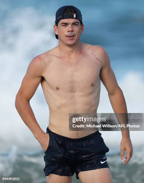 Matthew Kennedy of the Blues looks on during the Carlton Blues AFL pre-season training session at Mooloolaba Beach on December 17, 2017 on the...