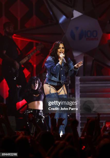 Demi Lovato performs at Y100's Jingle Ball 2017 at BB&T Center on December 17, 2017 in Sunrise, Florida.