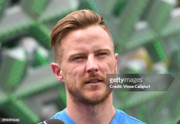 Scott Jamieson of Melbourne City is talks to media during an A-League media opportunity at Federation Square on December 18, 2017 in Melbourne,...